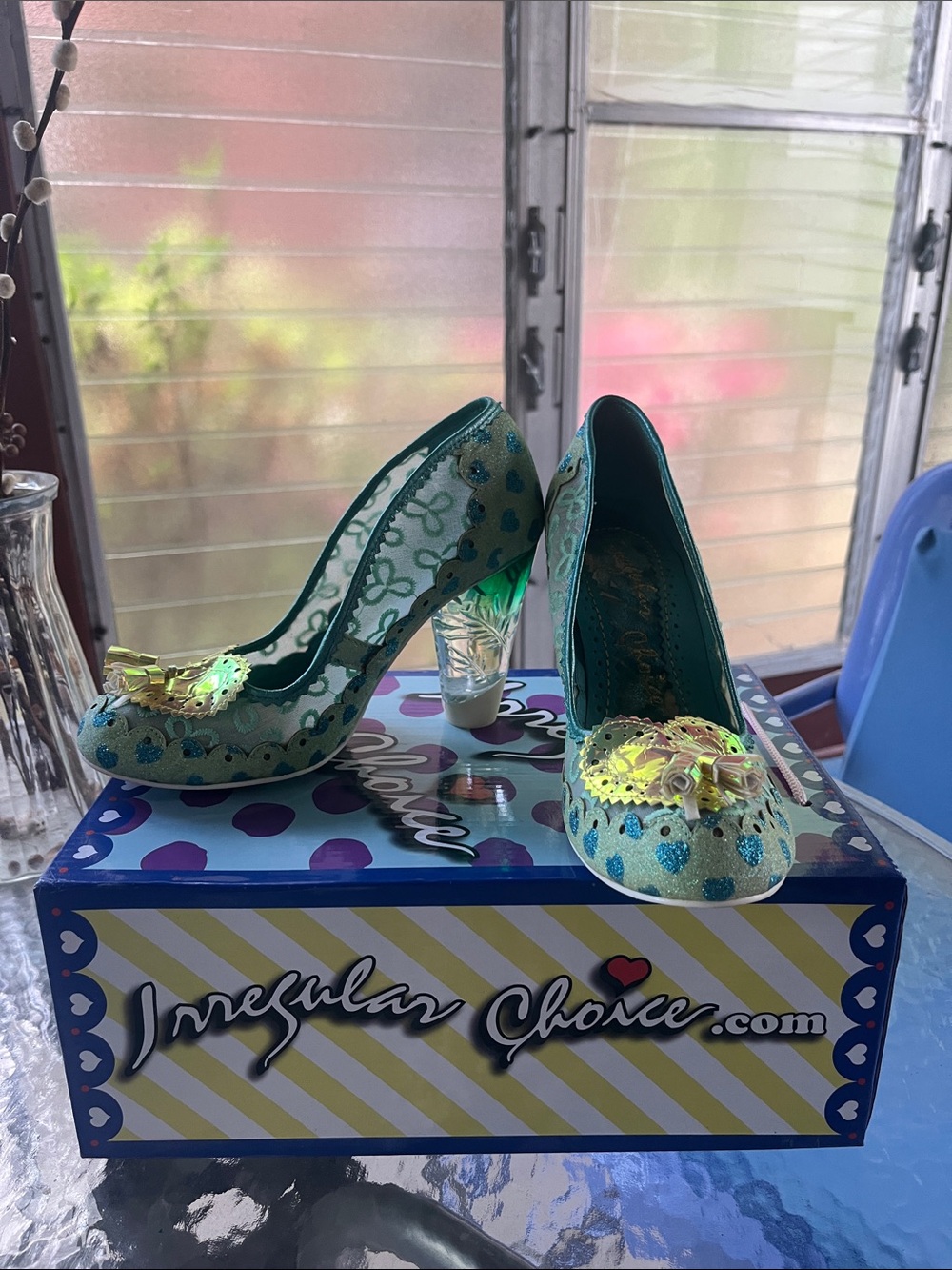 Irregular Choice Teal Glitter Pumps with Iridescent Floral Appliqué